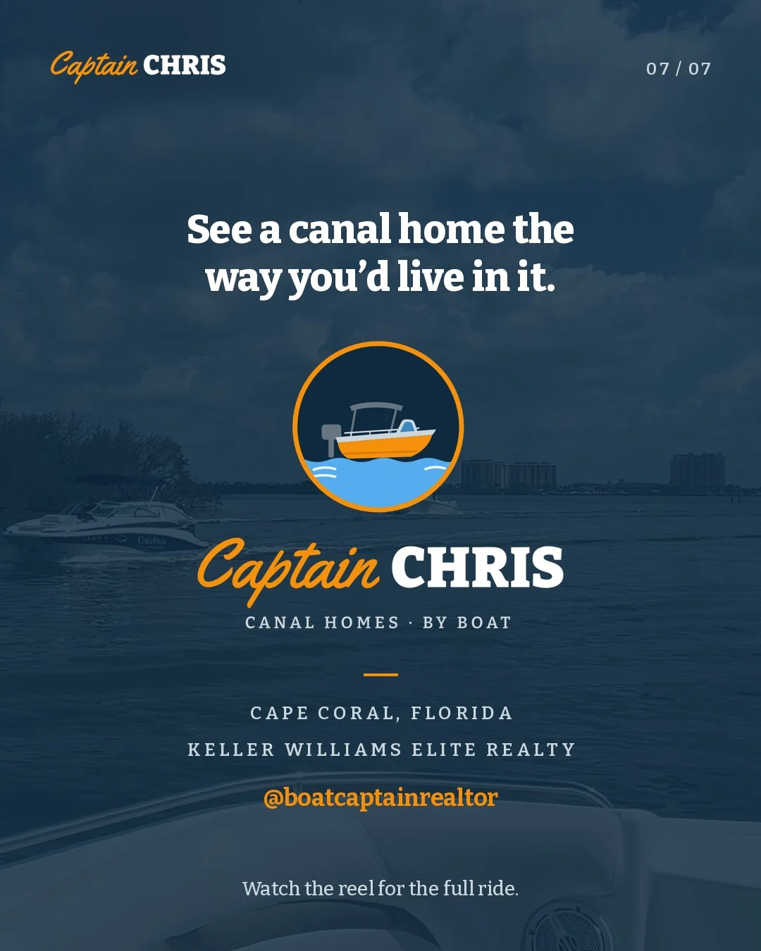 Closing carousel slide: the stacked Captain Chris lockup over blurred open water, with brokerage and handle