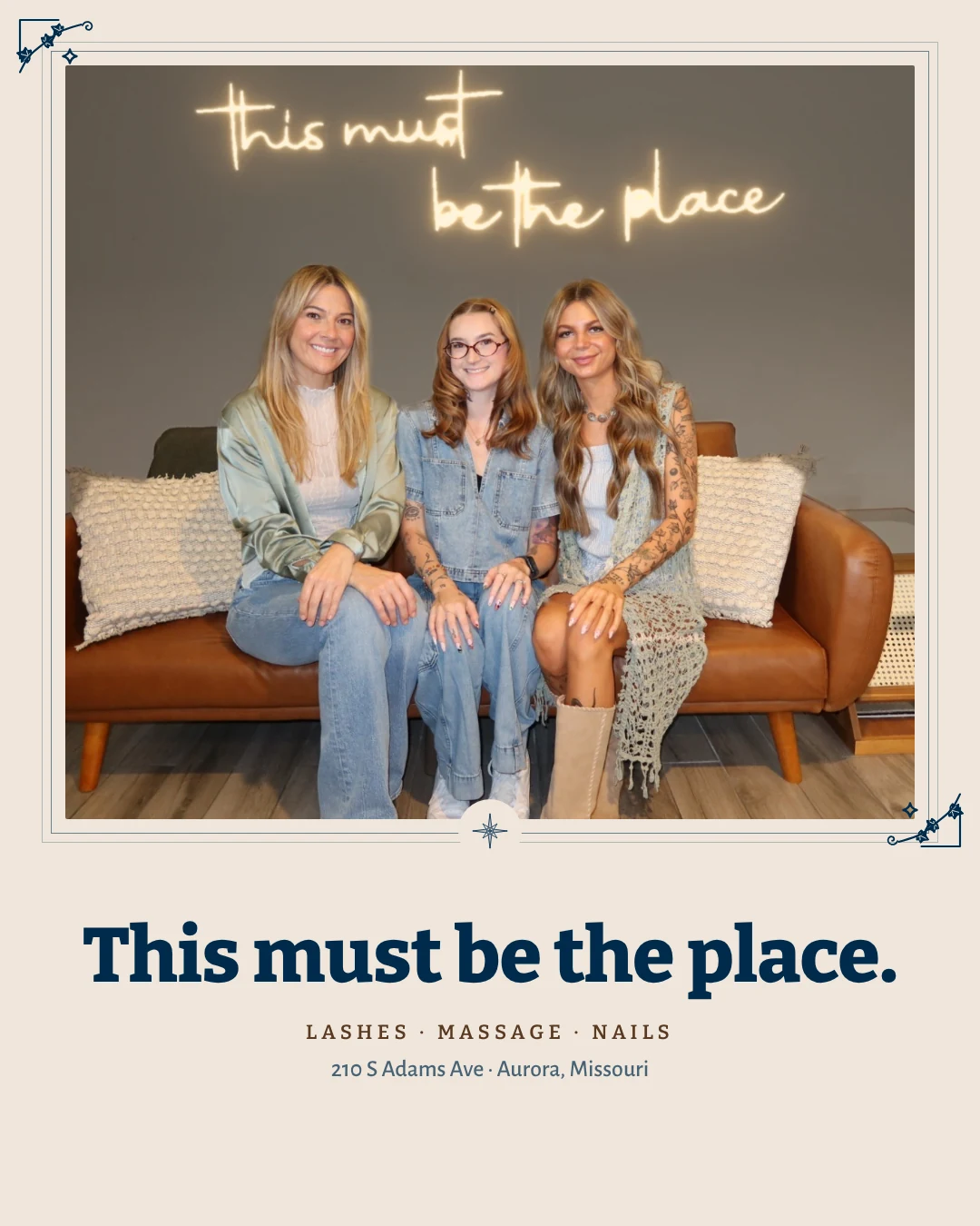 Feed post: the three of them on the leather couch under the neon sign, framed with hairlines and vine corners, headline This must be the place
