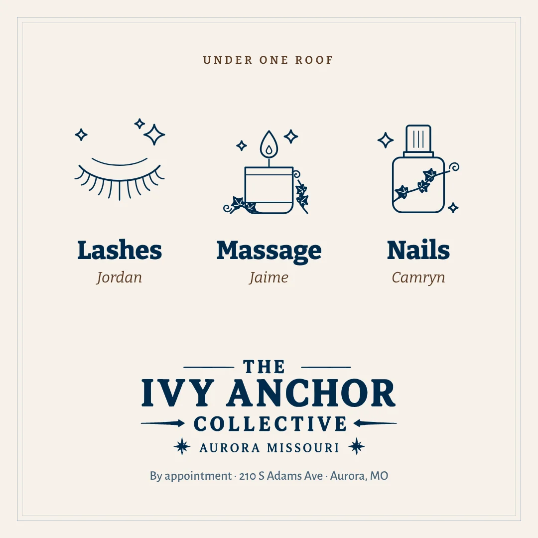 Square post: lashes, massage and nails drawings with each artist's first name, over the wordmark