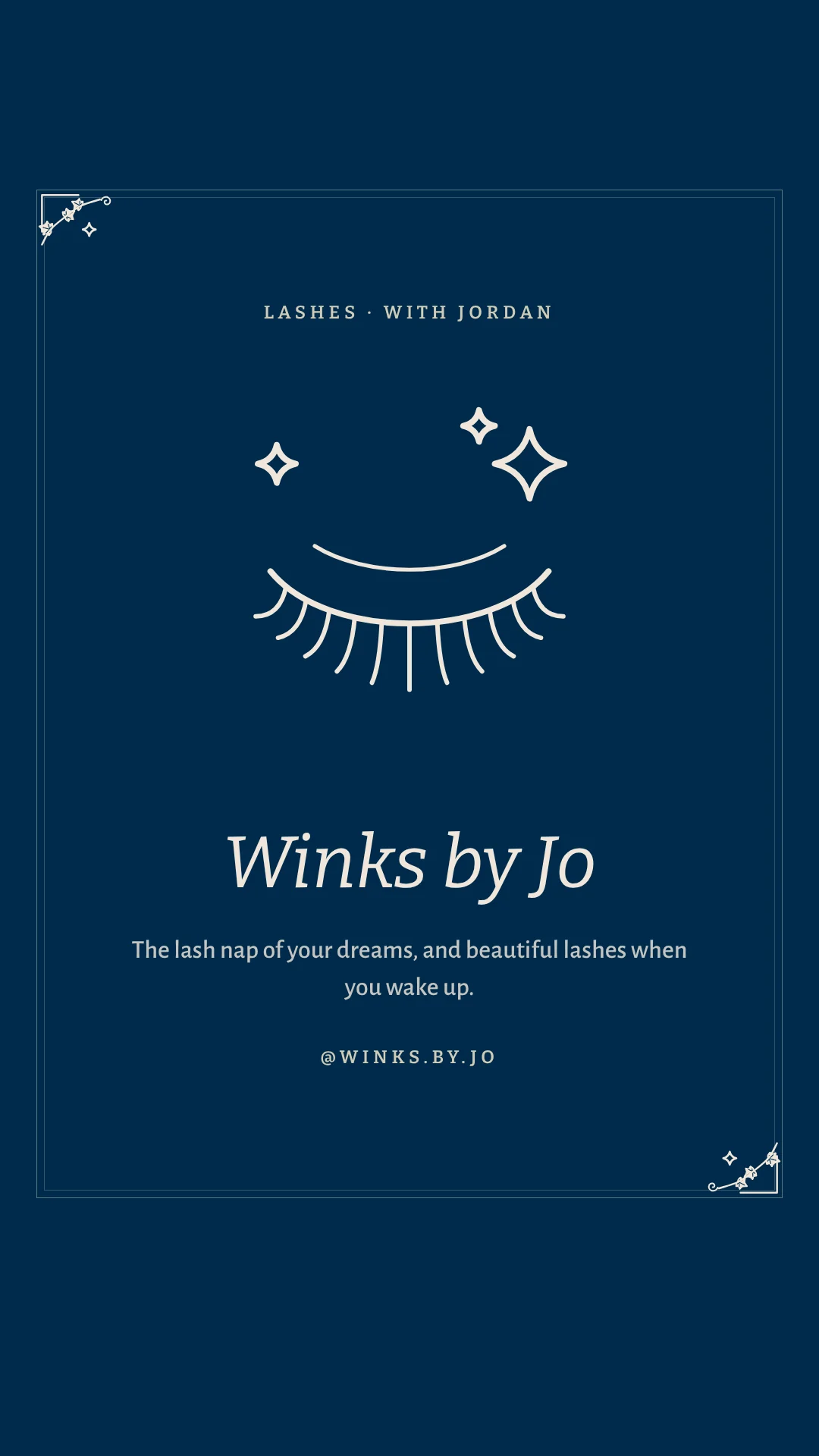 Story: the lashes flash drawing on navy with Winks by Jo in italic and her handle