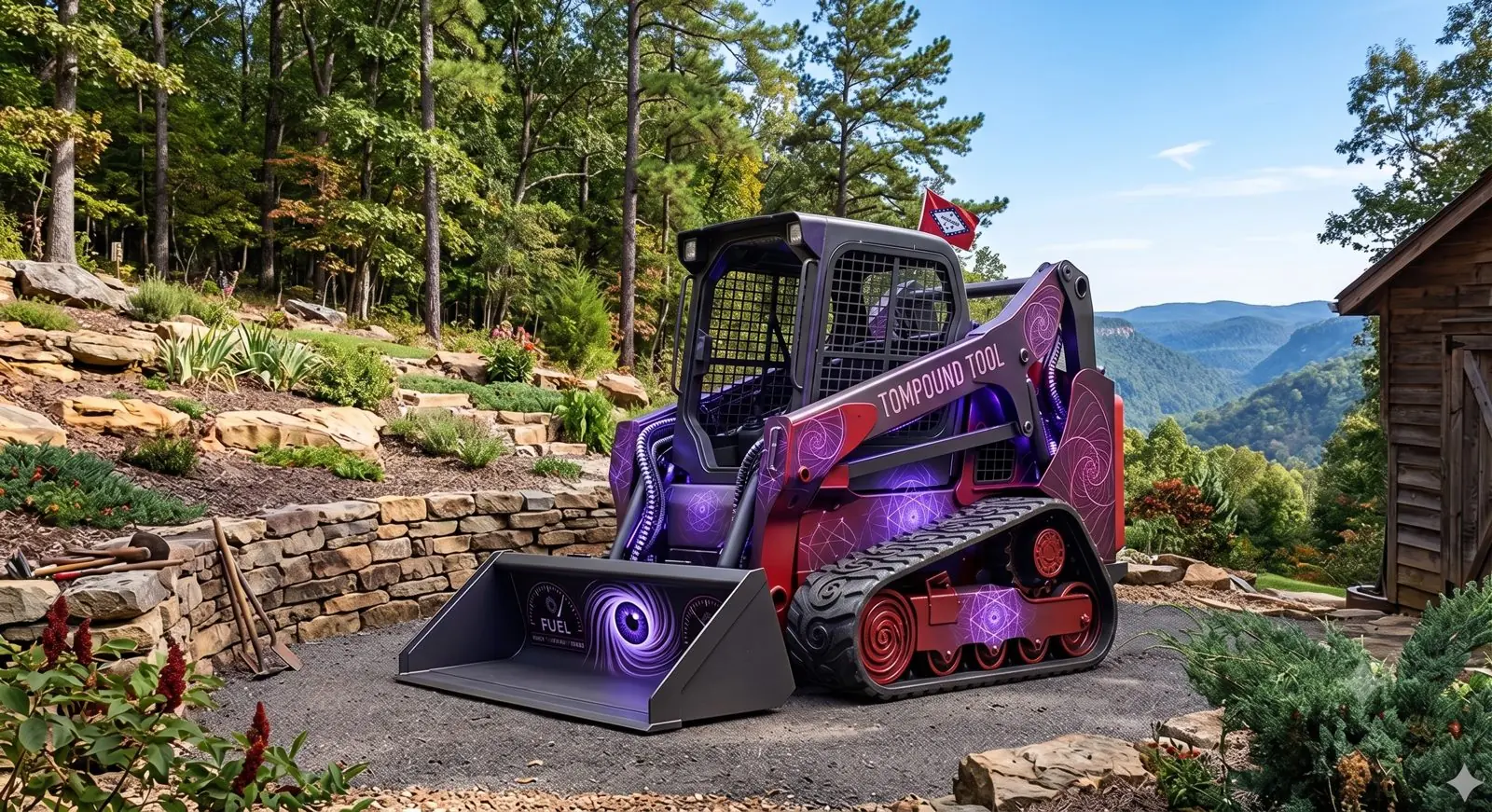 AI concept render: a skid steer in the Tompound wrap on a hillside garden. Not a photo.