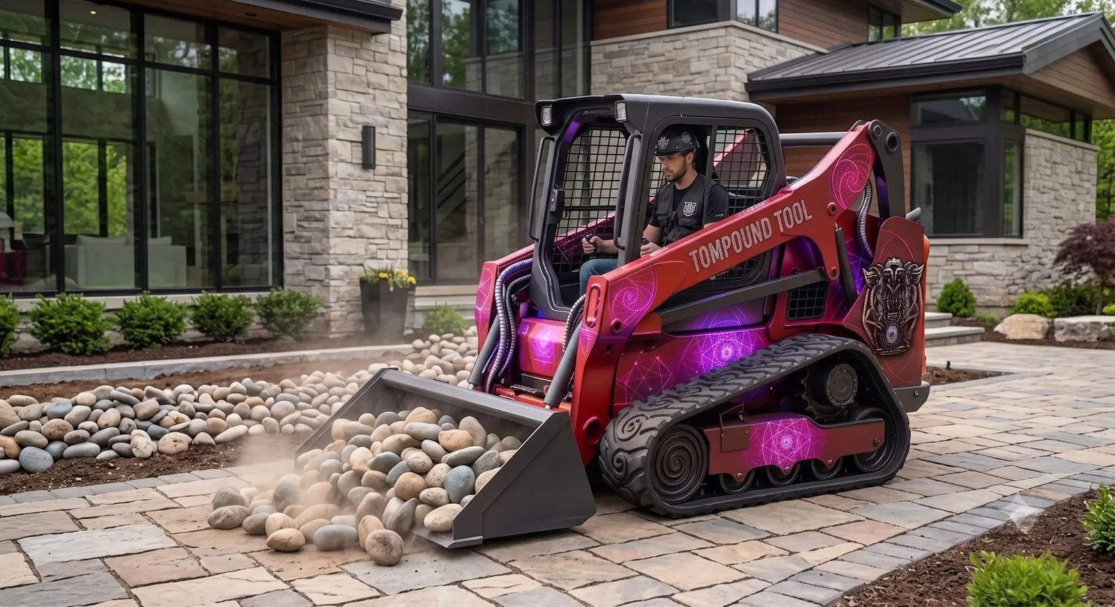 AI concept render: a skid steer in the Tompound wrap moving river rock outside a modern house. Not a photo.