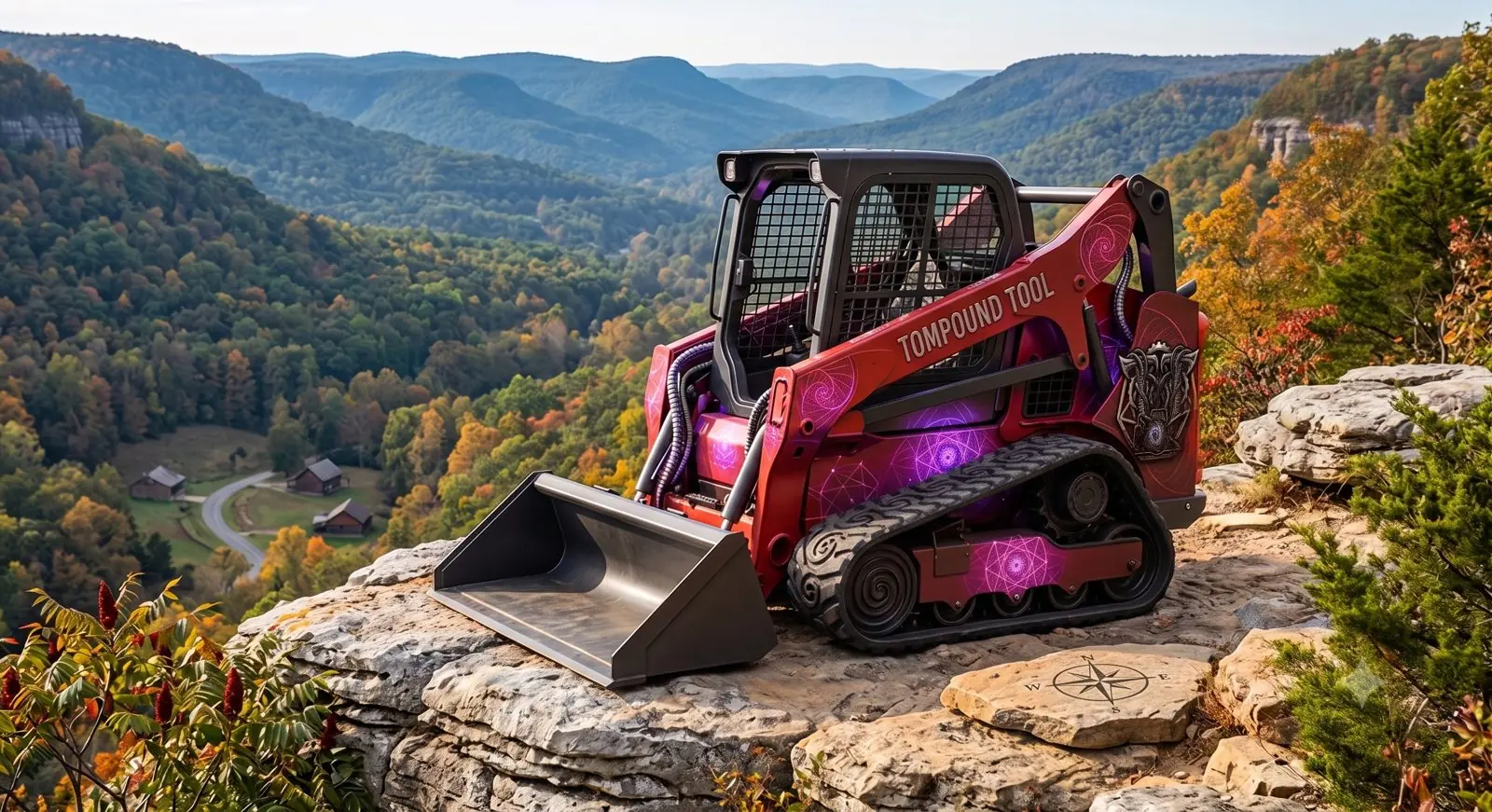 AI concept render: a skid steer in the Tompound wrap on a rock ledge above an Ozark valley. Not a photo.