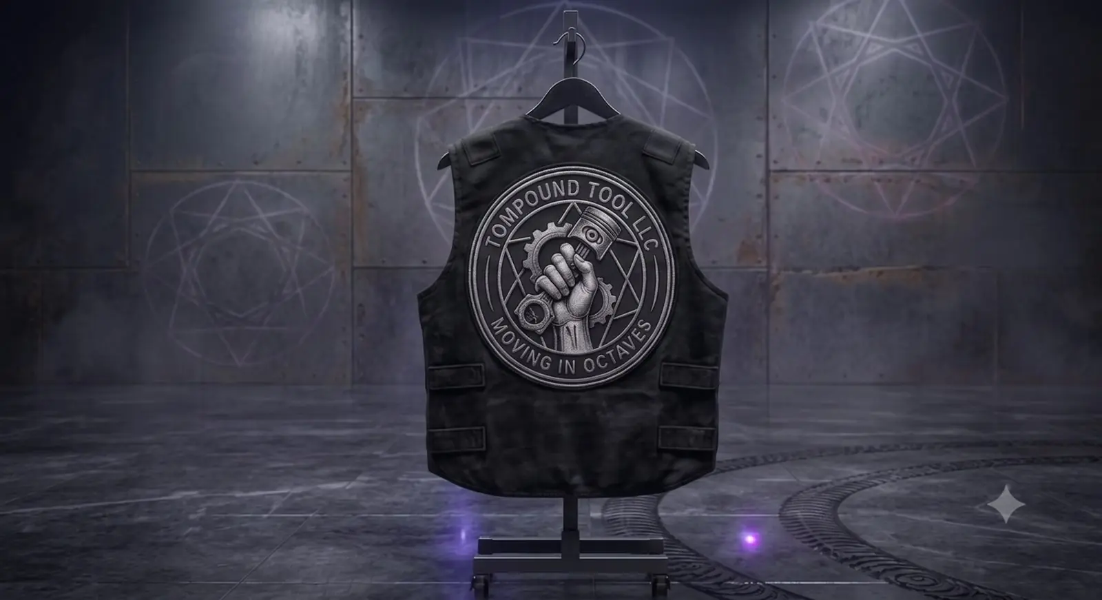 AI concept render of a black crew vest with the Tompound Tool LLC patch: a fist holding a piston, Moving in Octaves. Not a photo.